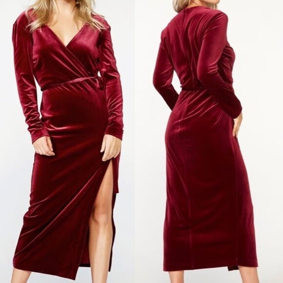 NEW Bardot Morgan Velvet Midi Dress in Burgundy Size 8 Slit Holiday No Belt $119 - Picture 2 of 16